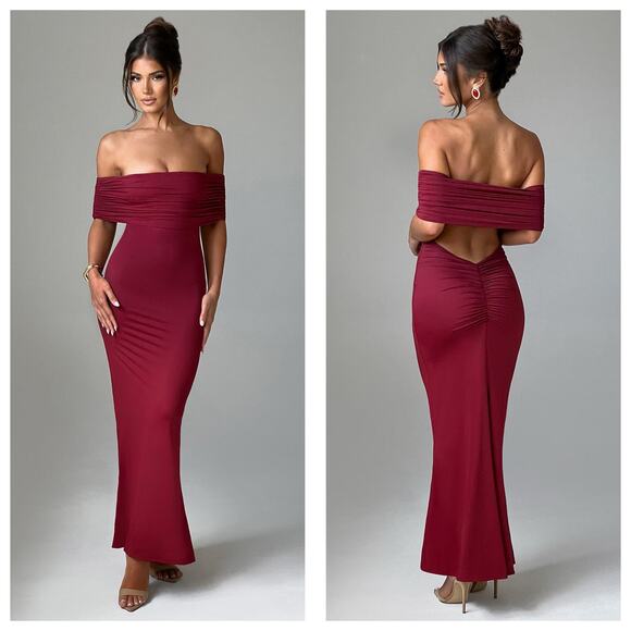 Babyboo Belinda Maxi Dress Size Small Burgundy Off Shoulder Open Back Cocktail - Picture 1 of 13
